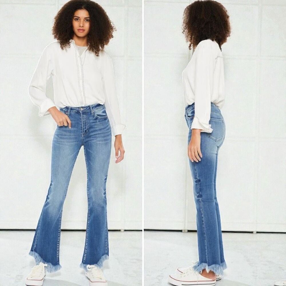 Kancan High Rise Ankle Bootcut Jeans Medium Wash Frayed Hem 13/30 NWT - Picture 4 of 12